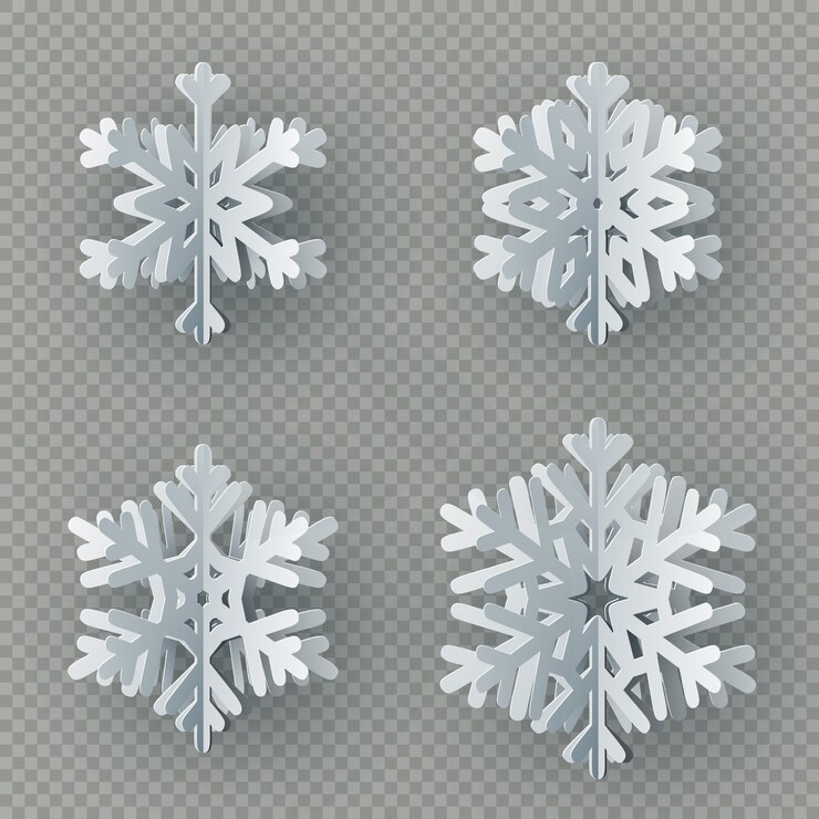 Vector conjunto de nueve diferentes copos de nieve de papel cortado de papel aislado sobre fondo transparente. feliz navidad, año nuevo objeto de decoración de tema de invierno.