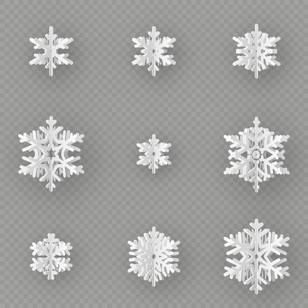 Conjunto de nueve diferentes copos de nieve de papel cortado de papel aislado sobre fondo transparente. Feliz Navidad, año nuevo objeto de decoración de tema de invierno.