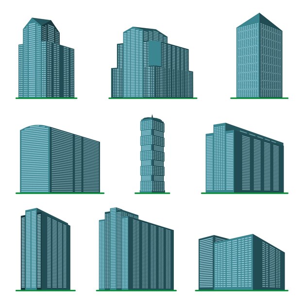 Conjunto de nueve edificios modernos de gran altura sobre un fondo blanco Vista del edificio desde la parte inferior Ilustración vectorial isométrica xA