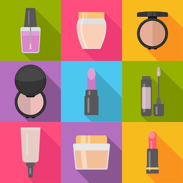 Conjunto de nueve elementos de maquillaje de estilo plano con sombra. ilustración vectorial