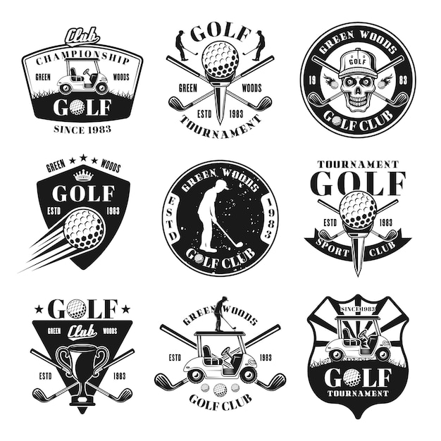 Vector conjunto de nueve emblemas monocromos de vector de golf, insignias, etiquetas o logotipos en estilo vintage aislado sobre fondo blanco.
