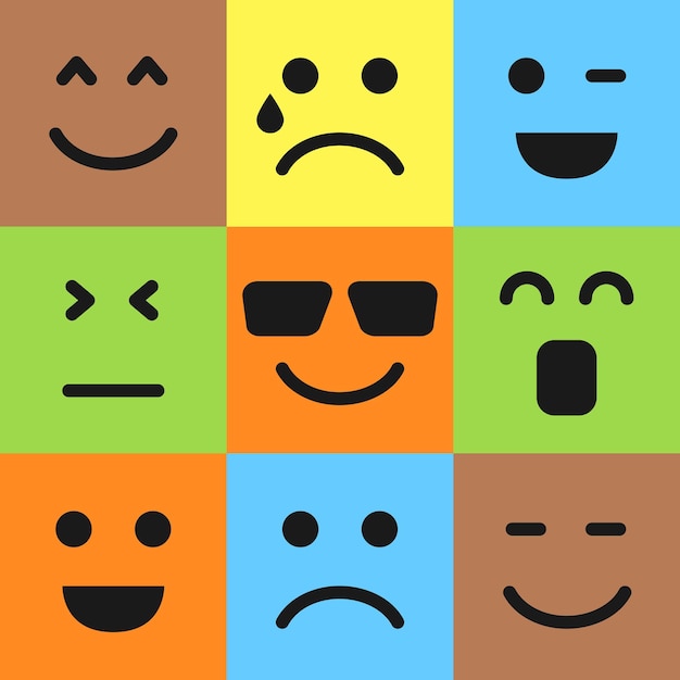 Conjunto de nueve emoticonos coloridos. icono de emoji en cuadrado. patrón de fondo plano. ilustración vectorial