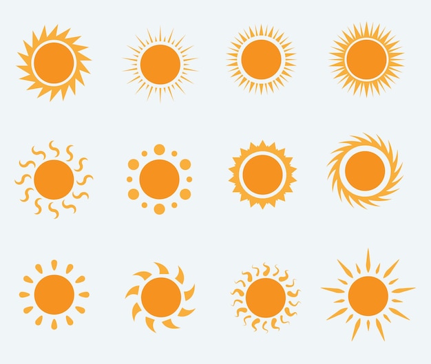Conjunto de nueve iconos de formas de sol en diferentes estilos