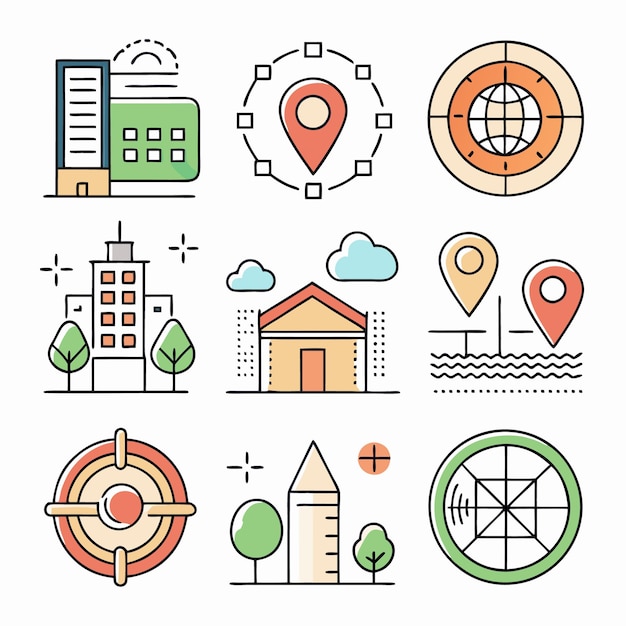Conjunto de nueve iconos de línea coloridos relacionados con la ubicación y la navegación
