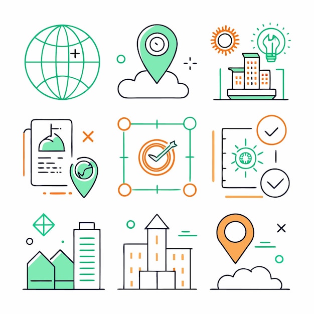 Conjunto de nueve iconos de línea que representan ideas de negocios y ubicaciones, incluidos edificios, globos, puntos y marcas de comprobación
