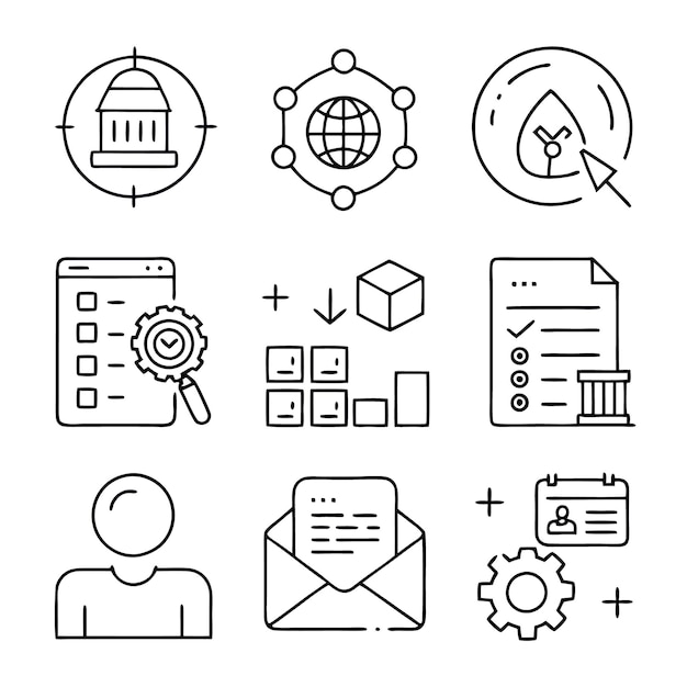 Un conjunto de nueve iconos de línea que representan varios conceptos de negocio, incluida la hoja de la red global objetivo, la lista de comprobación de documentos, el correo electrónico del usuario y la tarjeta de identificación