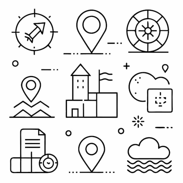 Un conjunto de nueve iconos de línea que representan varios elementos de viaje y navegación