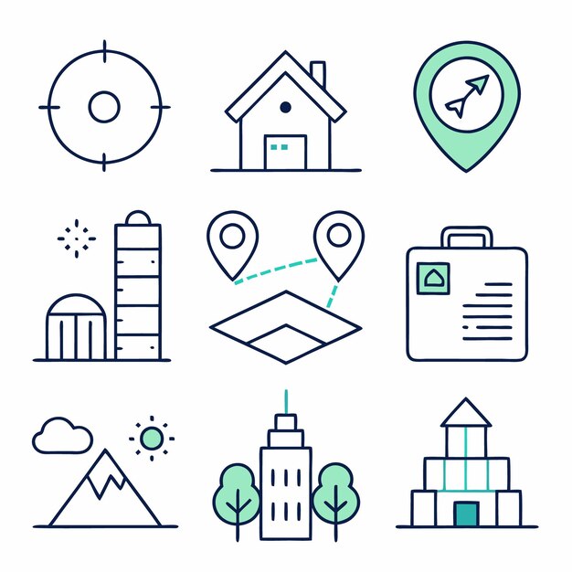 Conjunto de nueve iconos de líneas dibujadas a mano relacionados con edificios y ubicaciones inmobiliarias
