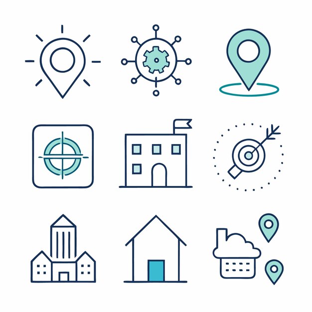 Conjunto de nueve iconos de líneas simples relacionados con la ubicación del edificio y la casa objetivo
