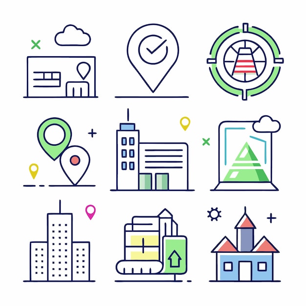 Un conjunto de nueve iconos que representan diferentes aspectos de la ubicación y la navegación