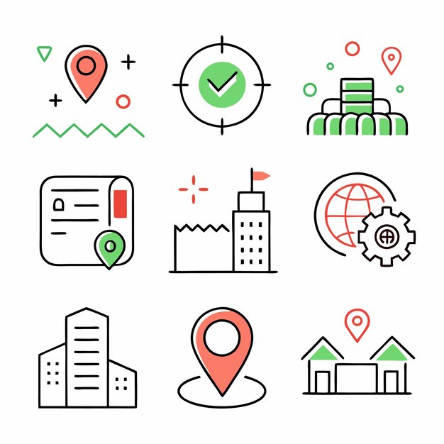 Conjunto de nueve iconos sobre el tema de la ubicación Los iconos están en un estilo lineal y los colores son rojo verde y negro