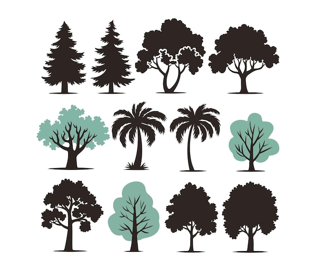 Un conjunto de nueve ilustraciones estilizadas de árboles con diferentes tipos de árboles de pino palmera caducifolio