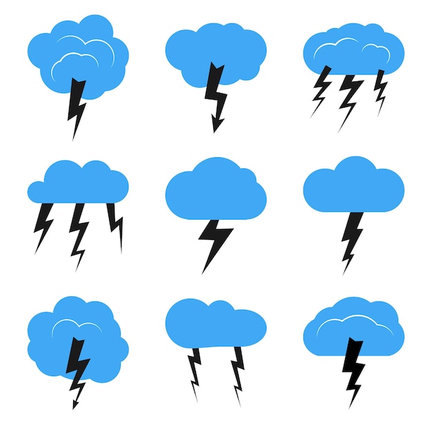 Conjunto de nueve nubes con tormenta. Ilustración vectorial.