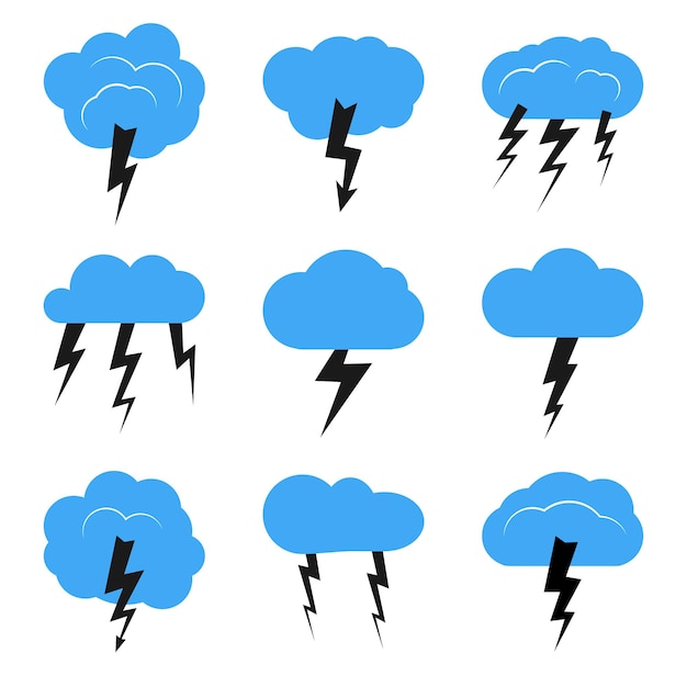 Conjunto de nueve nubes con tormenta. ilustración vectorial.