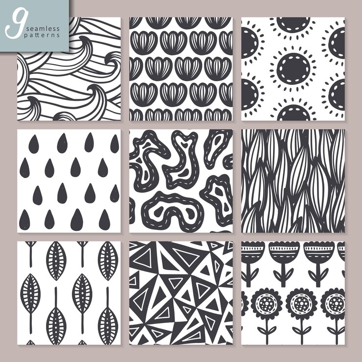 Vector conjunto de nueve patrones abstractos sin fisuras dibujados a mano en colores blanco y negro