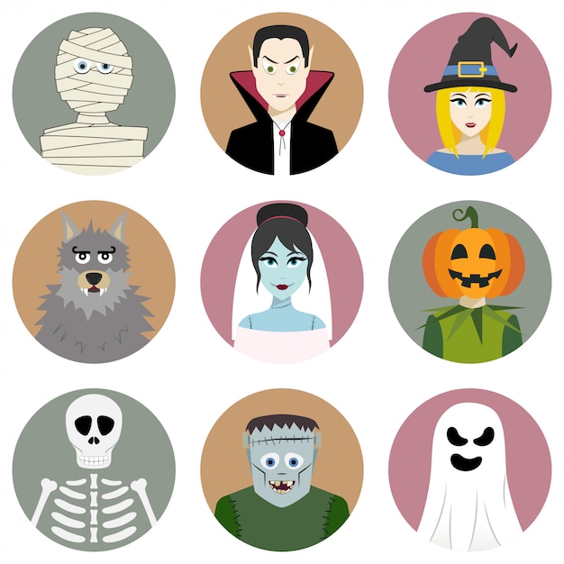Conjunto de nueve personajes de halloween