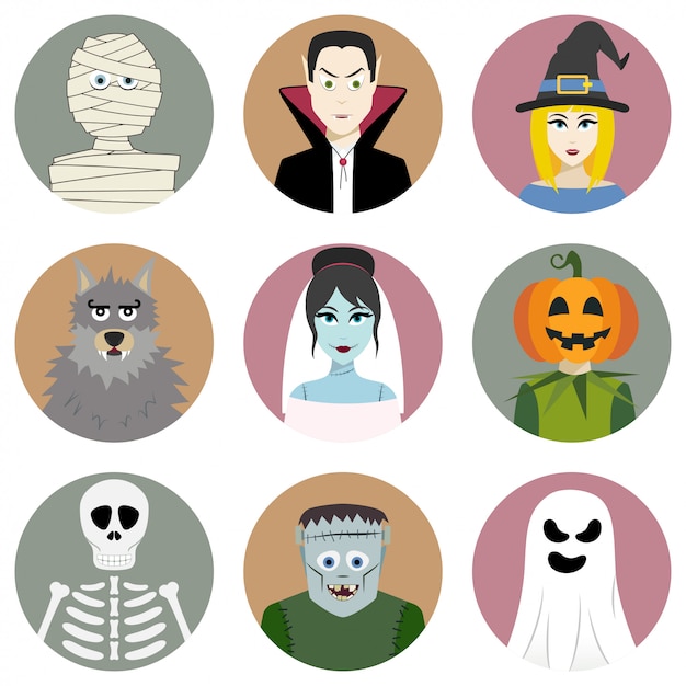 Vector conjunto de nueve personajes de halloween