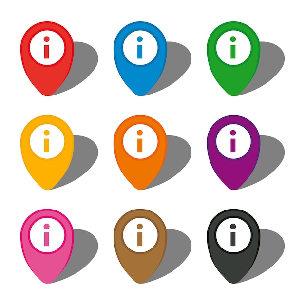 Conjunto de nueve punteros de mapa colorido con icono de información en círculo blanco y con sombra. Ilustración vectorial