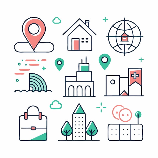 Un conjunto de nueve simples iconos de líneas coloridas que representan la ubicación de viaje a casa, ciudad y oficina