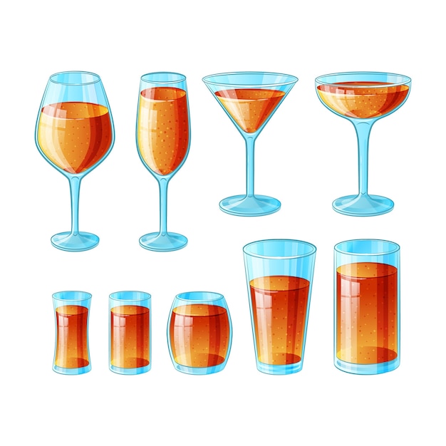 Conjunto de nueve vasos dibujados a mano con cócteles largos de alcohol