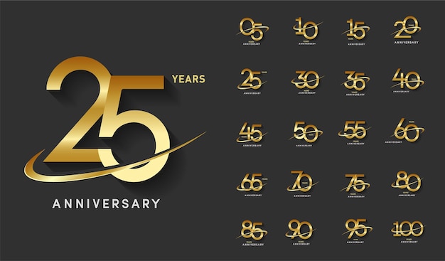 Vector conjunto de número de aniversario de oro con celebración del logo de swoosh