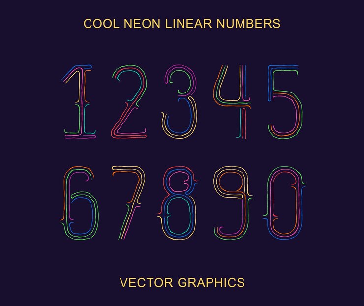 Vector conjunto de números brillantes y divertidos de 1 a 0 dibujados a mano con números lineales a rayas multicolores elementos de diseño vectorial