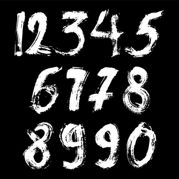 Conjunto de números caligráficos pintados con pincel blanco sobre fondo negro aislado Letras para su diseño Ilustración vectorial