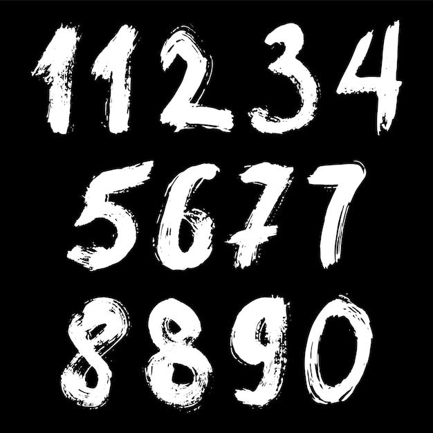 Conjunto de números caligráficos pintados con pincel blanco sobre fondo negro aislado Letras para su diseño Ilustración vectorial