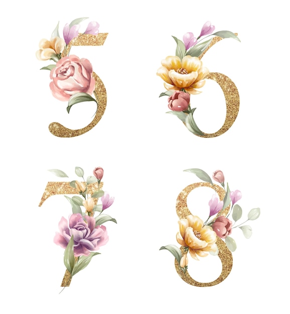 Vector conjunto de números dorados de 5, 6, 7, 8, con flores y hojas de acuarela.