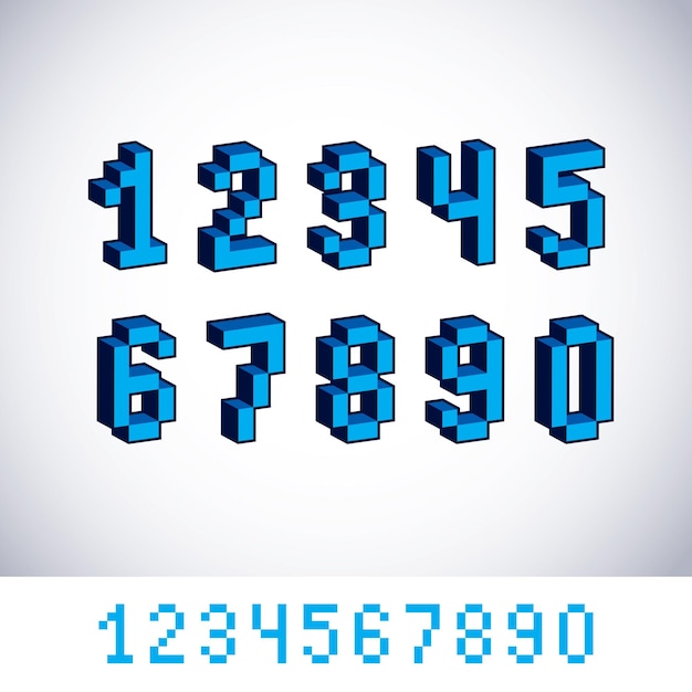 Conjunto de números enteros de tecnología moderna vectorial. Dígitos pixelados geométricos, numeración de 8 bits con puntos 3d de 0 a 9.
