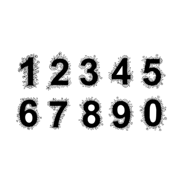 Conjunto de números florales del 1 al 9 con hojas de flores y detalles de hierbas Elementos de diseño gráfico en blanco y negro