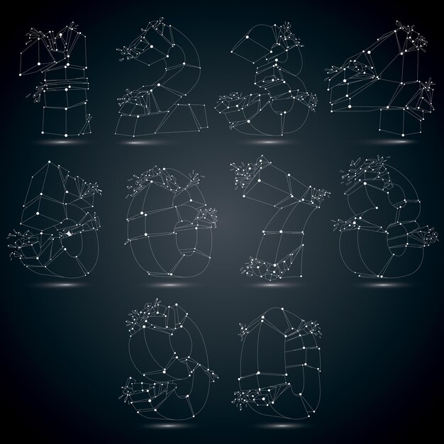 Conjunto de números monocromáticos de baja poli vectorial 3d con líneas y puntos conectados en blanco, fuente luminiscente de estructura alámbrica geométrica con fragmentos. numeración rota en perspectiva con hilo.