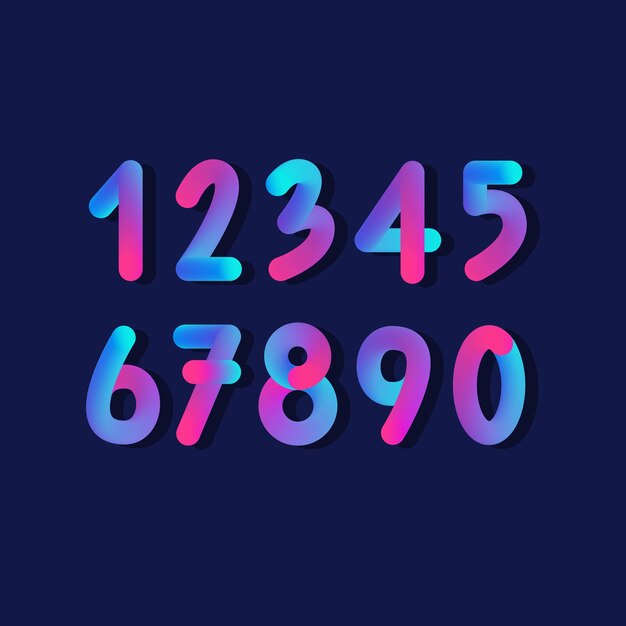 Conjunto de números de neón degradado colorido aislado sobre fondo azul oscuro conjunto de diez números del cero al nueve forma de degradado rosa brillante