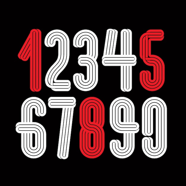 Conjunto de números regulares vectoriales funky de 0 a 9 hechos con rayas triples, mejor para usar en el diseño de logotipos para el anuncio del festival.