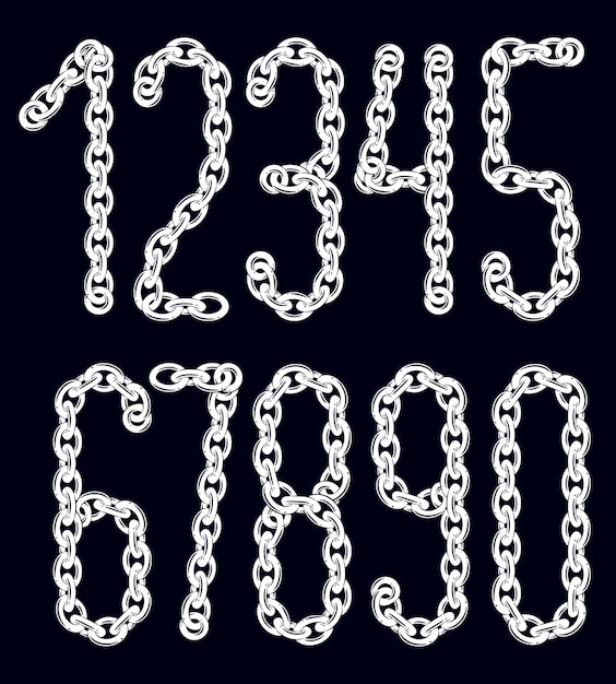 Conjunto de números vectoriales del 0 al 9. Números elegantes para usar como elementos de diseño de carteles. Hecho con cadena de hierro, conexión enlazada