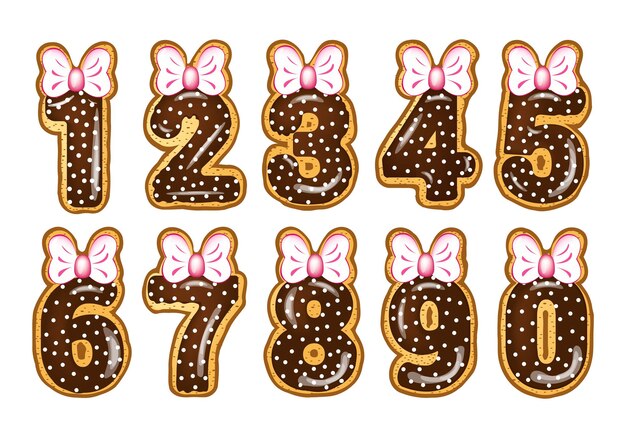 Un conjunto de números vectoriales en forma de pan de jengibre con glaseado de chocolate