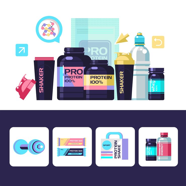 Vector un conjunto de nutrición deportiva y complementos deportivos.