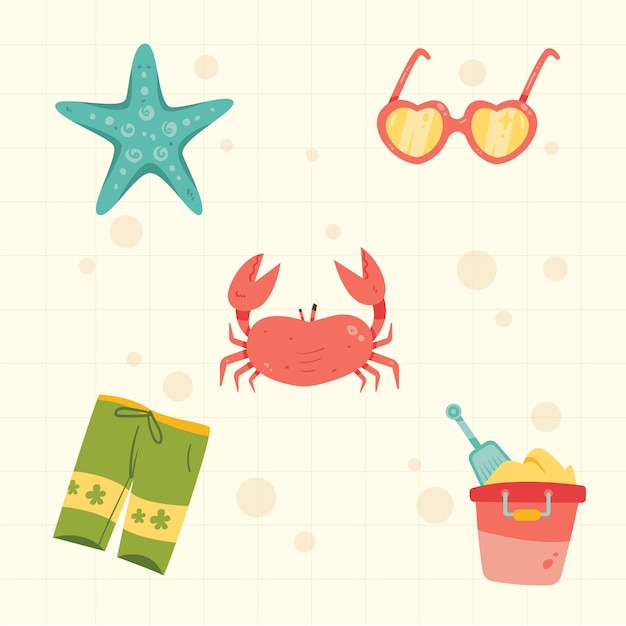 conjunto, de, objeto, playa, vector, plano, ilustración