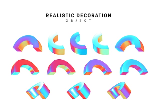 conjunto de objetos 3d geométricos aislados sobre fondo blanco. Tonos de color de holograma degradado. vector de elementos realistas