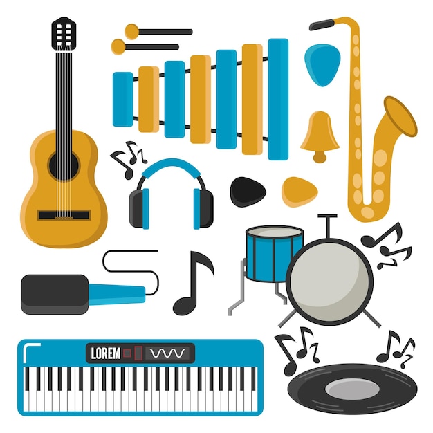 Conjunto de objetos aislados gráficos planos simples de dibujos animados de instrumentos musicales vectoriales