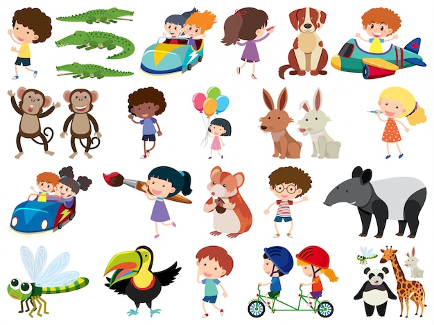 Vector conjunto de objetos aislados de niños y animales.