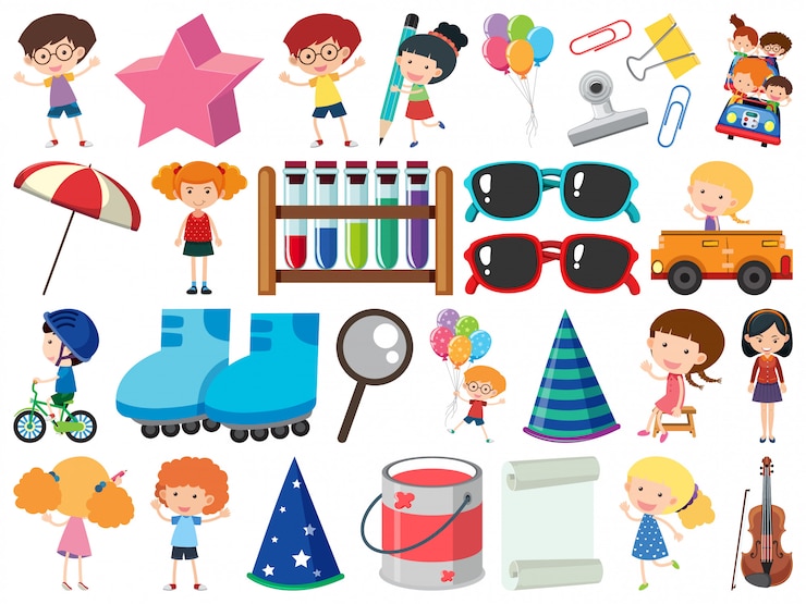 Vector conjunto de objetos aislados tema niños y artículos escolares