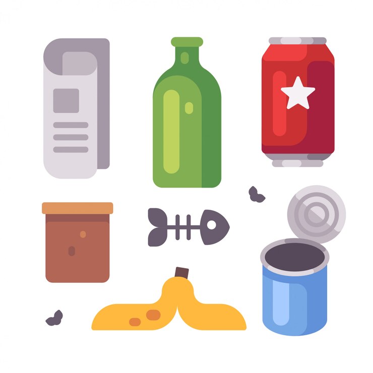 Vector conjunto de objetos de basura. periódico, botella de vidrio, latas, iconos planos de cáscara de plátano