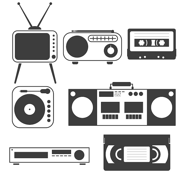 Conjunto de objetos en blanco y negro de electrodomésticos antiguos de los años 80 y 90 en un estilo plano
