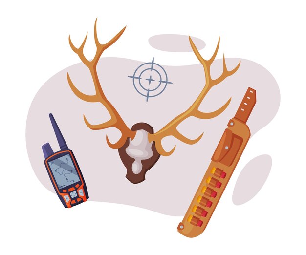 Conjunto de objetos de caza Cráneo de ciervo Walkie Talkie Bandolier Ilustración vectorial plana