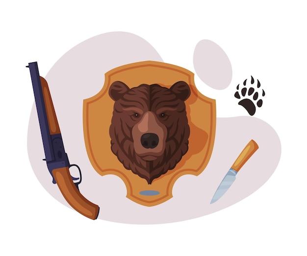 Vector conjunto de objetos de caza escopeta cuchillo de caza relleno cabeza de oso huella de pata de animal ilustración vectorial plana