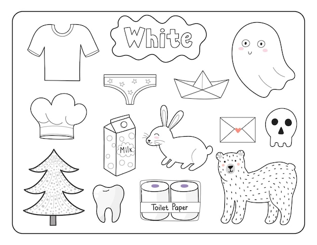 Conjunto de objetos de color blanco. Flashcard de colores primarios con elementos blancos. Aprendiendo colores para niños.