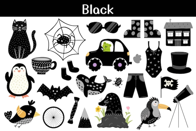 Conjunto de objetos de color negro colores de aprendizaje para niños  colección de elementos lindos fondo educativo | Vector Premium