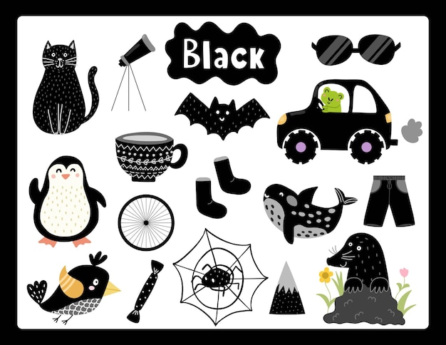 Conjunto de objetos de color negro. Flashcard de colores primarios con elementos negros. Aprendiendo colores para niños.