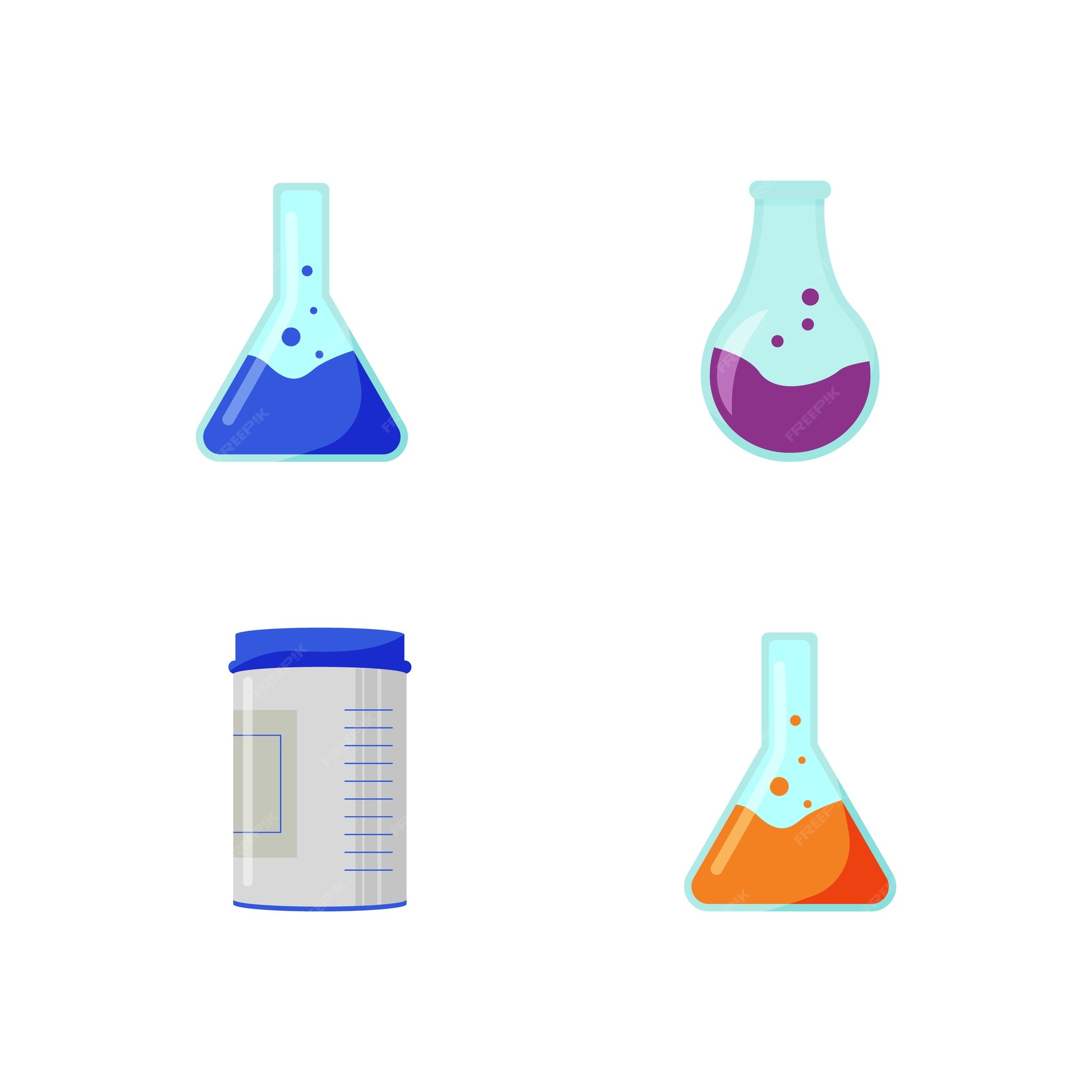 Conjunto de objetos de color plano de contenedores de productos químicos.  frasco con líquidos para experimentar. prueba de farmacia. dibujos animados  aislados de bioquímica | Vector Premium